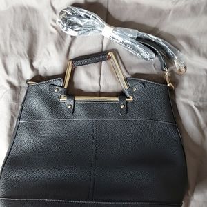 Ladies embossed black satchel handbag w/ crossbody detachable strap